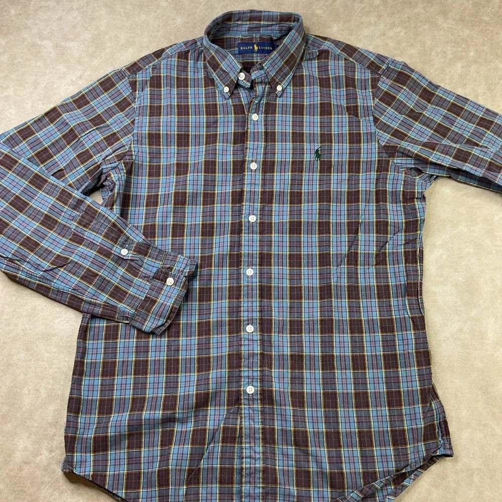 Polo Ralph Lauren Shirt Men Sz M Long Sleeve Plaid Check Button Front Blue Pony
